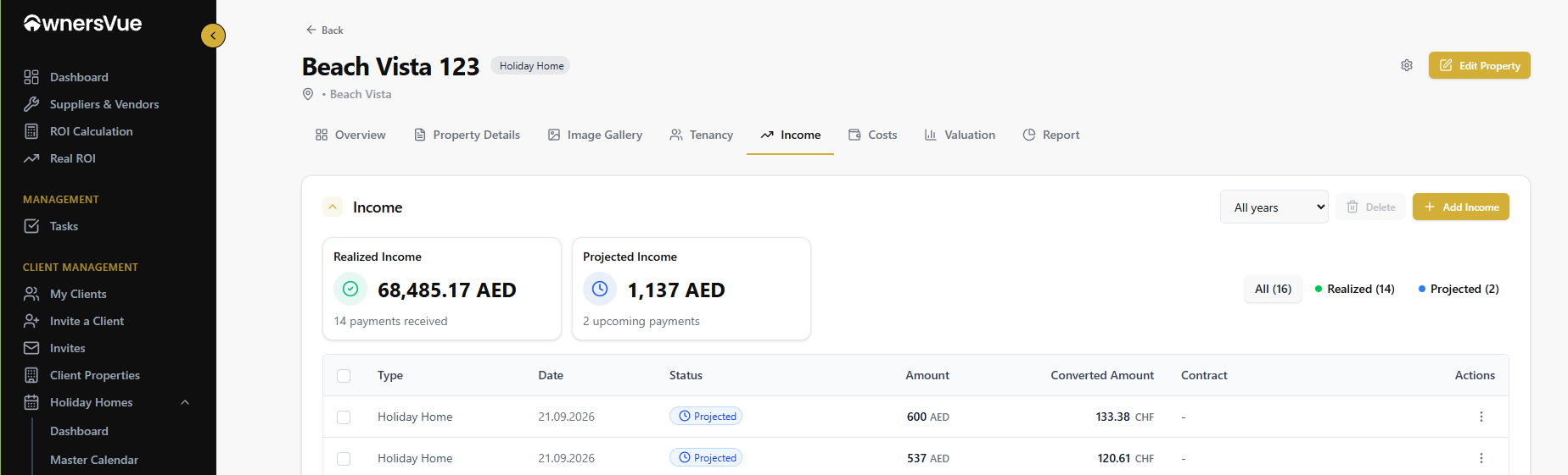 OwnersVue property income dashboard